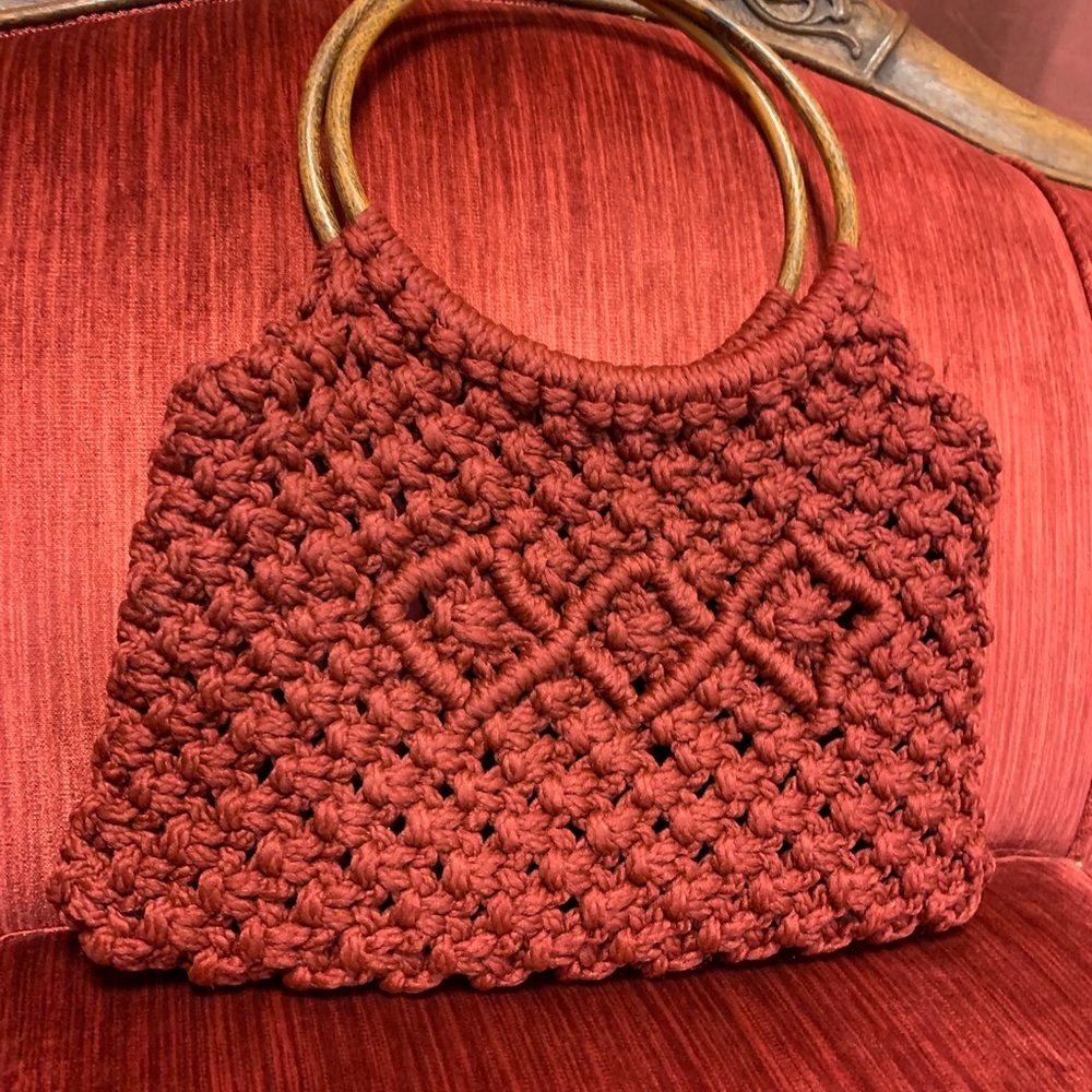 Vintage Macramé Bag with wooden handles. Grandmacore.